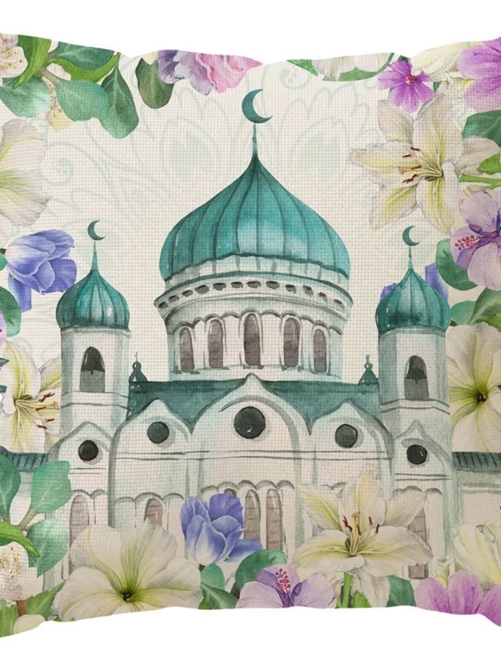 Floral Mosque Watercolor Throw Pillow Cover - Teal Domes